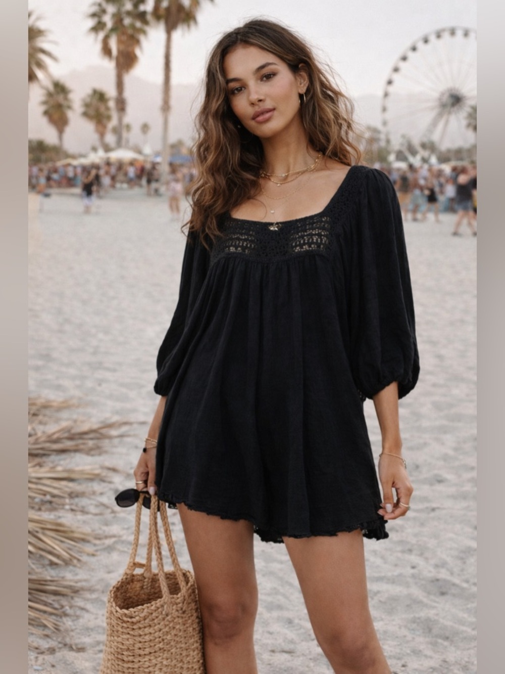 Free People Dancing in the Waves Romper Small Black Crochet Trim Boho Wide Leg